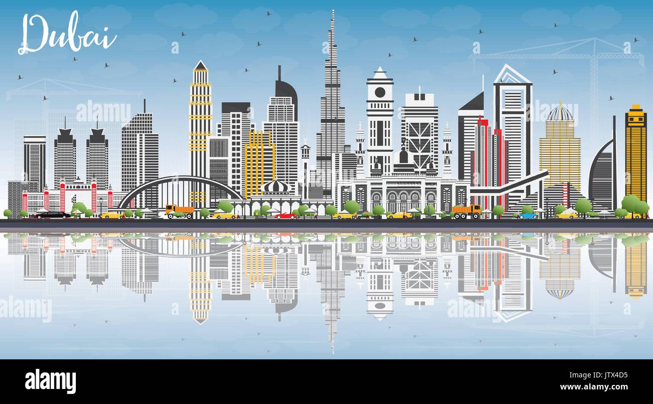 Dubai uae Skyline mit grauen Gebäude, blauer Himmel und Reflexionen. Vector Illustration. Business Travel und Tourismus Abbildung Stock Vektor