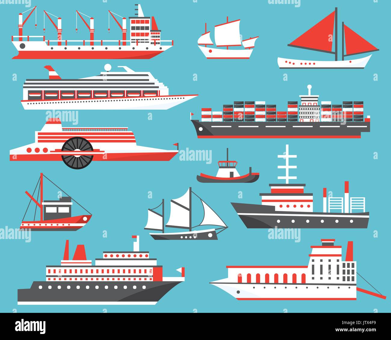 Schiffe gesetzt. Passagier Schiff, Yacht, Bulk Carrier und Segelboot. Vector Illustration. Stock Vektor