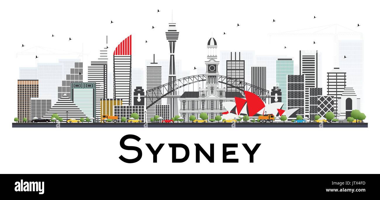 Sydney Australien Skyline mit grauen Gebäude auf weißem Hintergrund. Vector Illustration. Business Travel und Tourismus Konzept Stock Vektor