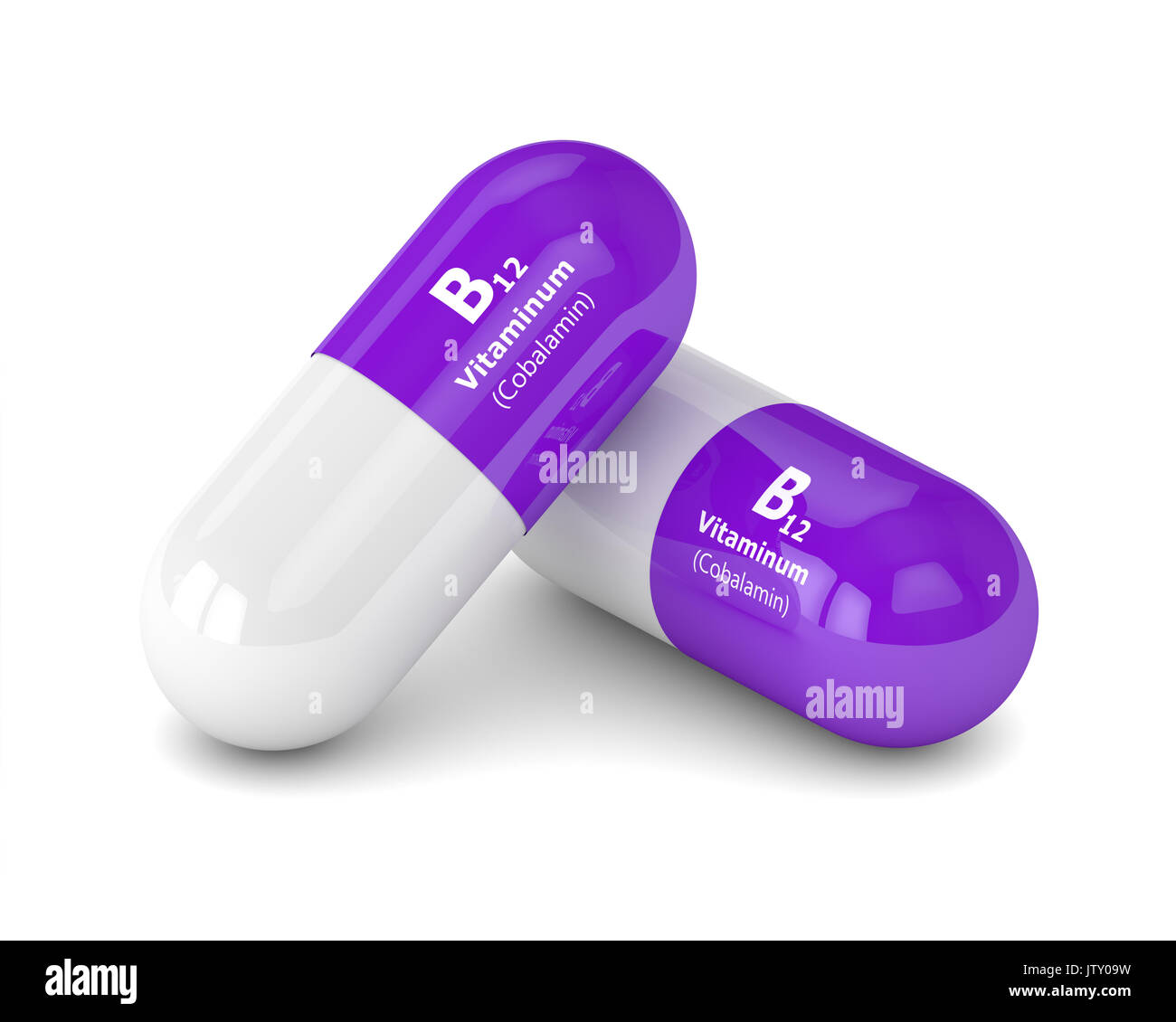 3D-rendering Vitamin B 12 Pillen auf weißen Hintergrund. Konzept der Nahrungsergänzungsmittel Stockfoto