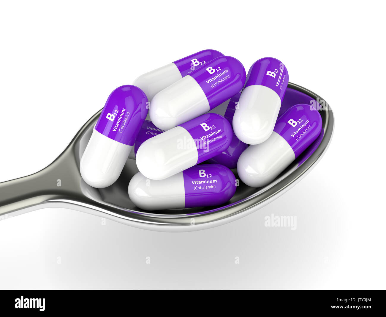3D-rendering Vitamin B 12 Pillen liegen auf Löffel. Konzept der Nahrungsergänzungsmittel Stockfoto