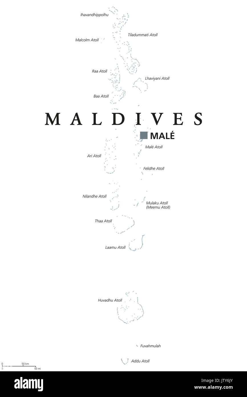 Malediven politische Karte mit der Hauptstadt Male. Englischer Beschriftung. Republik und südasiatischen Inselstaat im Indischen Ozean. Eine Kette von Atollen. Stockfoto