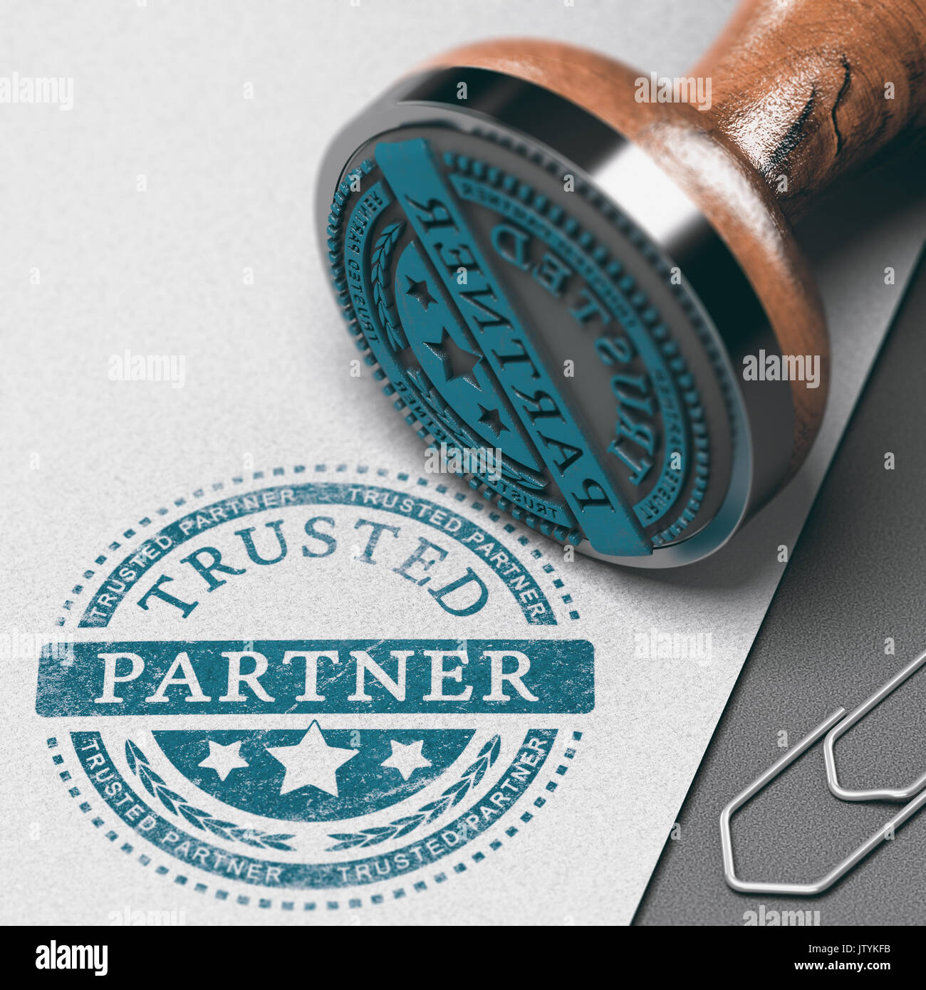 Vertrauenswürdige Partner Mark Aufdruck auf einem Papier Hintergrund mit Stempel. Konzept des Vertrauens im Geschäft und in der Partnerschaft. Stockfoto