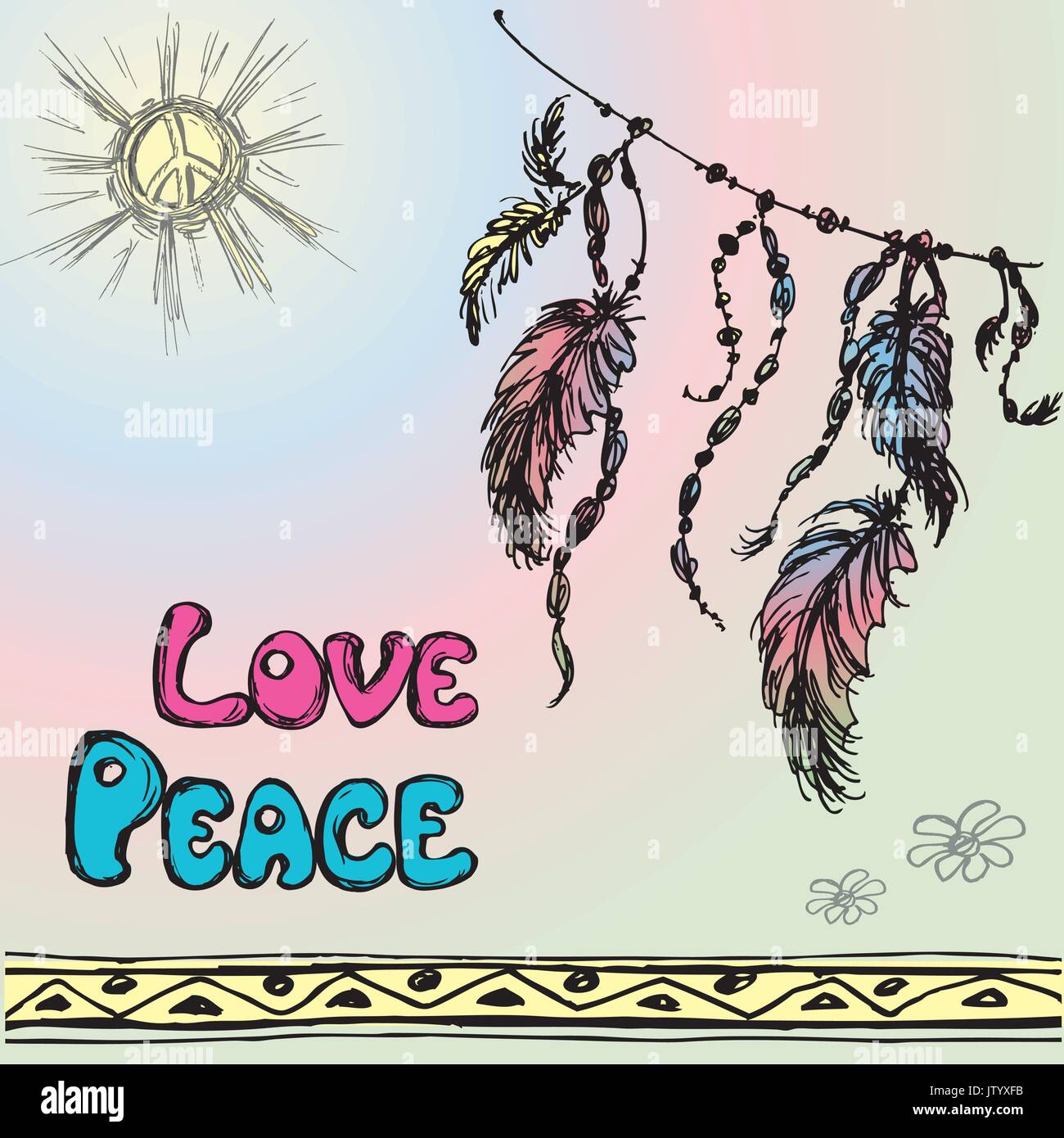 Traumfänger und die Worte - Liebe, Frieden. Hand zeichnen. Vector Illustration Stock Vektor