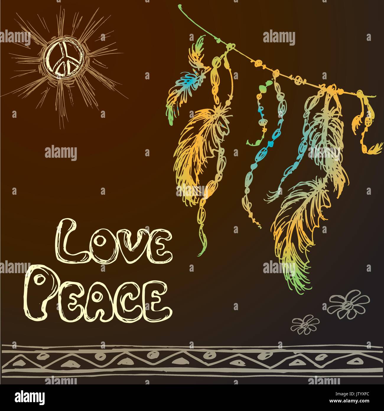 Dreamcatcher vor einem schwarzen Hintergrund und die Worte - Liebe, Frieden. Hand zeichnen. Vector Illustration Stock Vektor