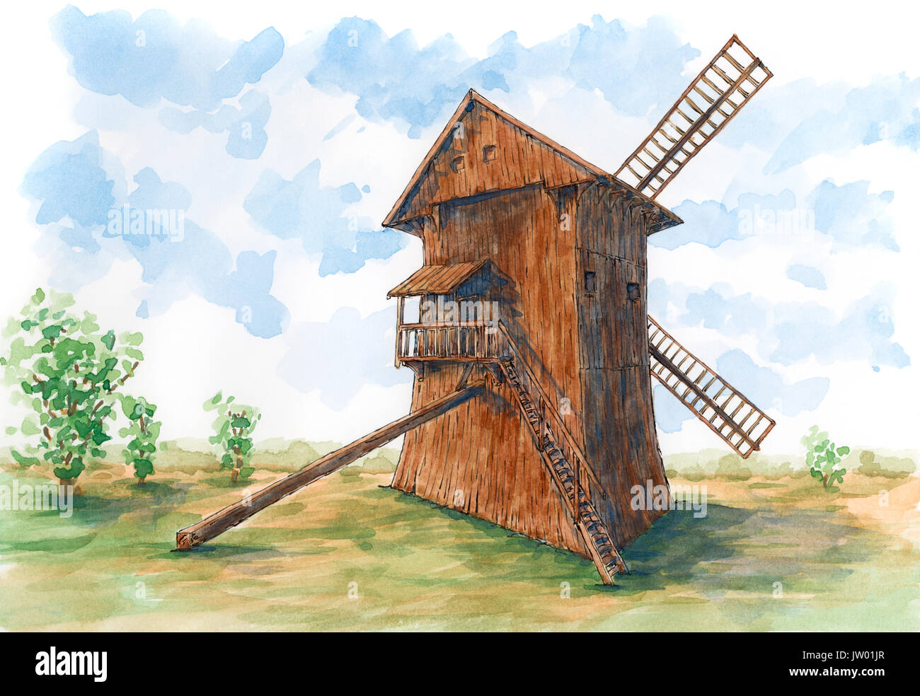 Post Mühle (früheste Art der Europäischen Windmühle). Tusche und Aquarell auf rauem Papier. Stockfoto