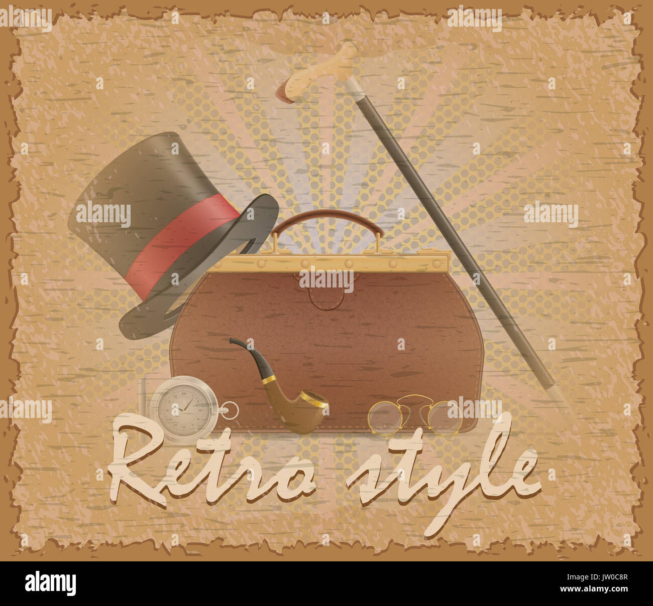 Retro Style poster Alte valise und mens Zubehör lieferbar Vector Illustration Stockfoto