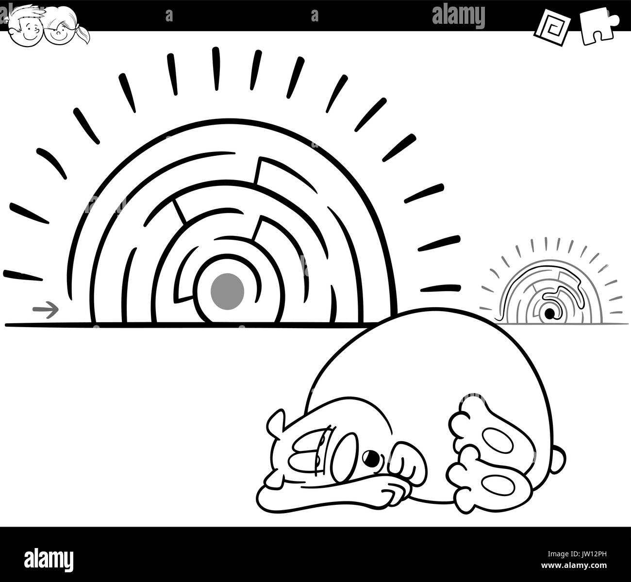 Schwarze und Weiße Cartoon Illustration für Bildung Labyrinth oder Labyrinth Spiel für Kinder mit Sleeping Bear Animal Charakter Färbung Seite Stock Vektor