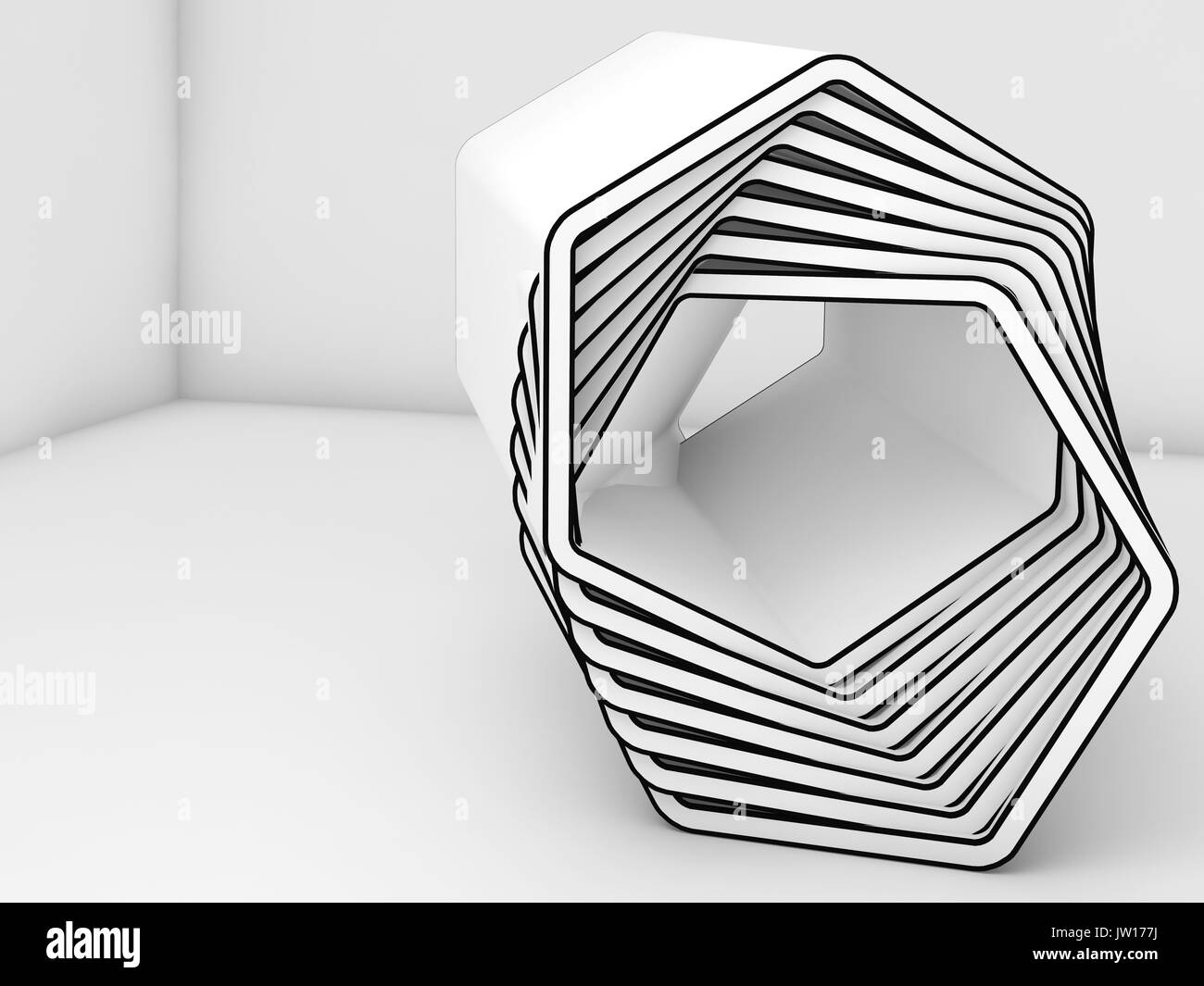 Abstrakte weißen Installation Objekt mit schwarzer Kontur im leeren Raum innen, 3D-Rendering illustration Stockfoto