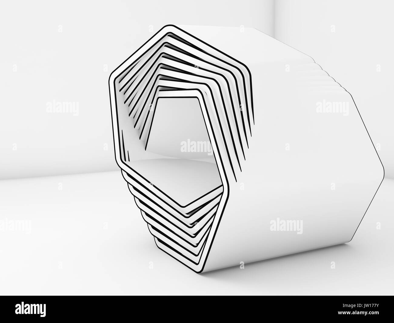 Abstrakte weißen Installation mit schwarzer Kontur in leere Zimmer Innenraum, 3D-Rendering illustration Stockfoto