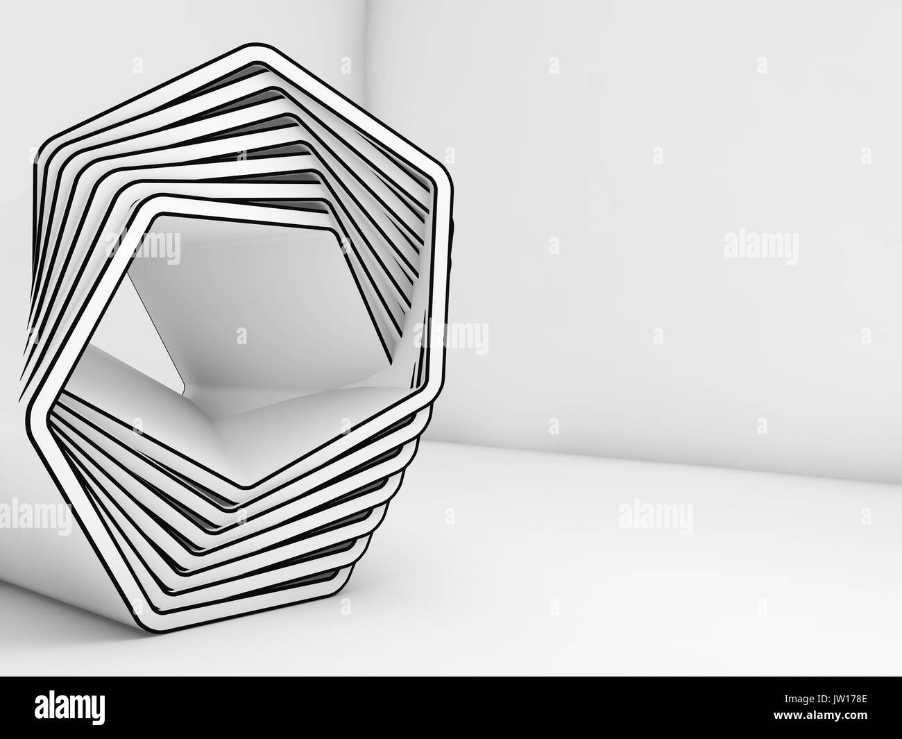 Abstrakte weißen Installation mit schwarzer Kontur im leeren Raum innen, 3D-Rendering illustration Stockfoto
