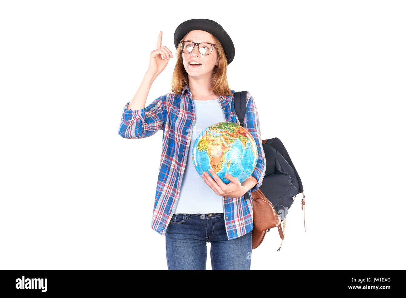 Schüler mit Globus posing Stockfoto