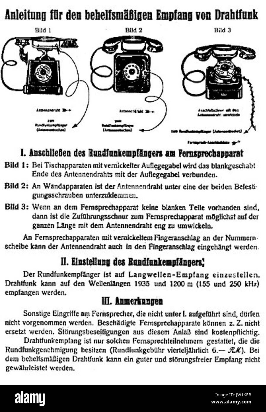 Ein technisches Handbuch für Drahtfunk, ein historisches drahtgebundenes Kommunikationssystem, in dem die Einrichtung, Nutzung und Anwendungen in der frühen Telekommunikationstechnologie detailliert beschrieben werden. Stockfoto