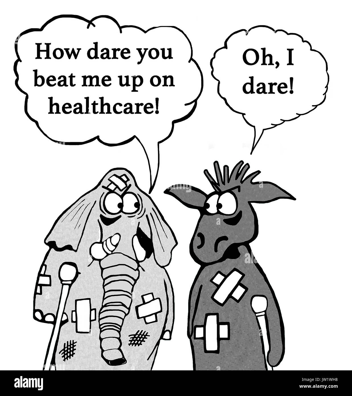 Cartoon über Liberale und Konservative über Gesundheitswesen Versicherung streiten. Stockfoto