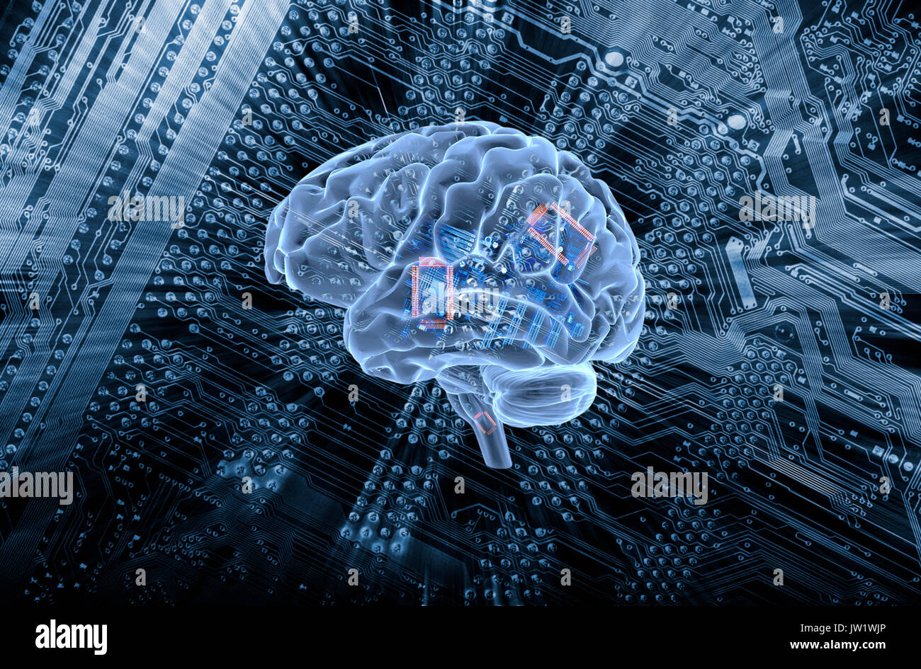 Menschliche Gehirn kommunizieren mit einem Computer, Motherboard, künstliche Intelligenz Stockfoto