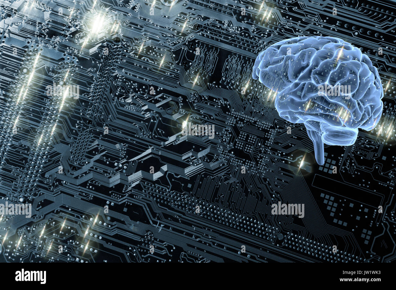 Menschlichen Gehirn und Computer motherboard Stockfoto