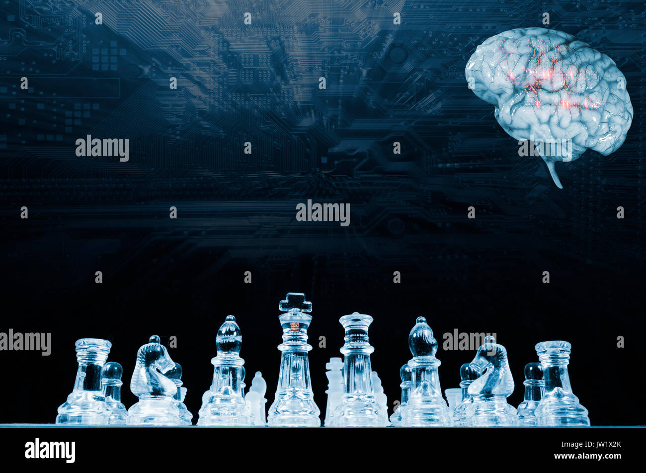Schachspiel durch menschliche Gehirn, künstliche Intelligenz gespielt Stockfoto