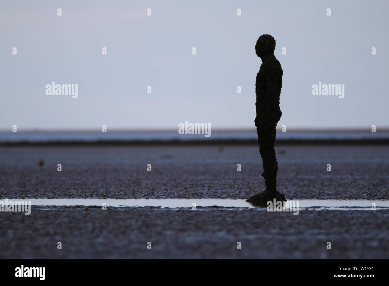 Ein weiterer Ort, 100 Gusseisen Figuren mit Blick auf das Meer von Sir Antony Gormley, Crosby Strand Stockfoto