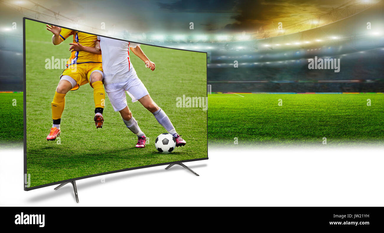 Watching tv Übersetzung von Fußball-Spiel. Stockfoto