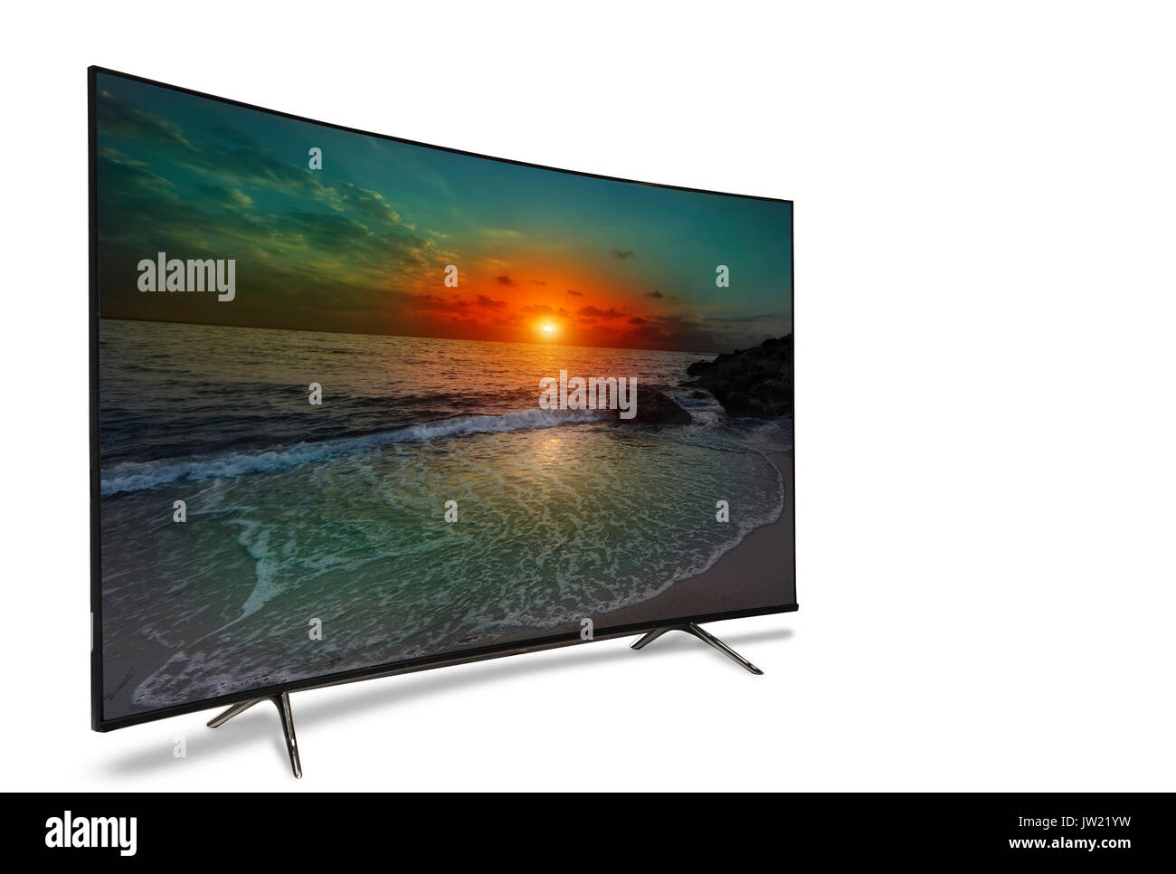 4k überwachen isoliert auf weiss. Isometrischen Ansicht.  TV Panorama auf dem Hintergrund der frühlingshaften Blick auf grüne Laub mit einer hellen Sonne. Auf dem Bildschirm Stockfoto