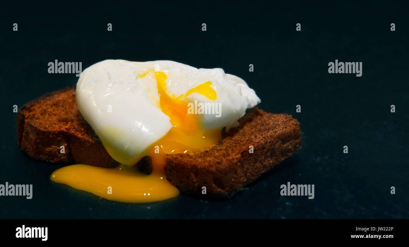 Pochiertes Ei auf einer Scheibe Vollkornbrot. Foto auf schwarzem Hintergrund Stockfoto