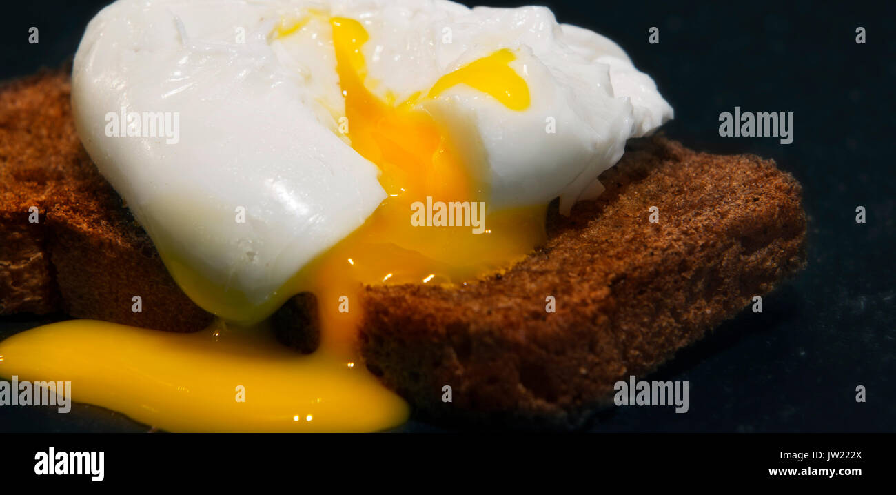 Pochiertes Ei auf einer Scheibe Vollkornbrot. Foto auf schwarzem Hintergrund Stockfoto