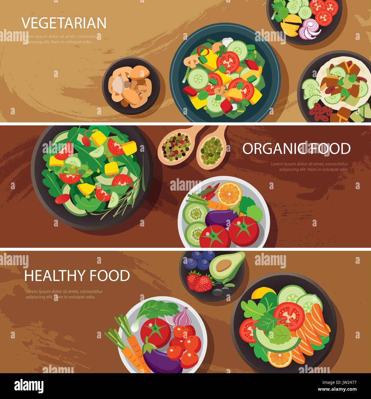 Essen Web Banner flache Bauform. Vegetarische, biologische Lebensmittel, gesunde Ernährung Stock Vektor