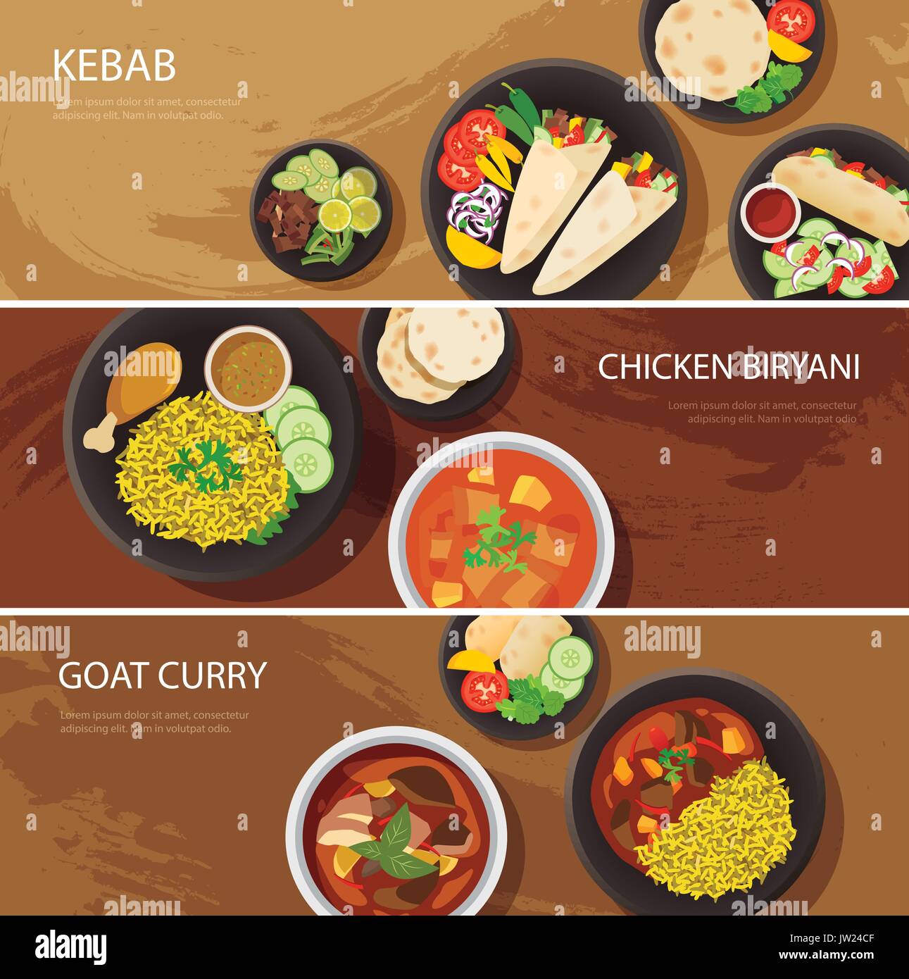 Halal food Web Banner flache Bauform, Kebab, chicken biryani, Ziege curry Stock Vektor