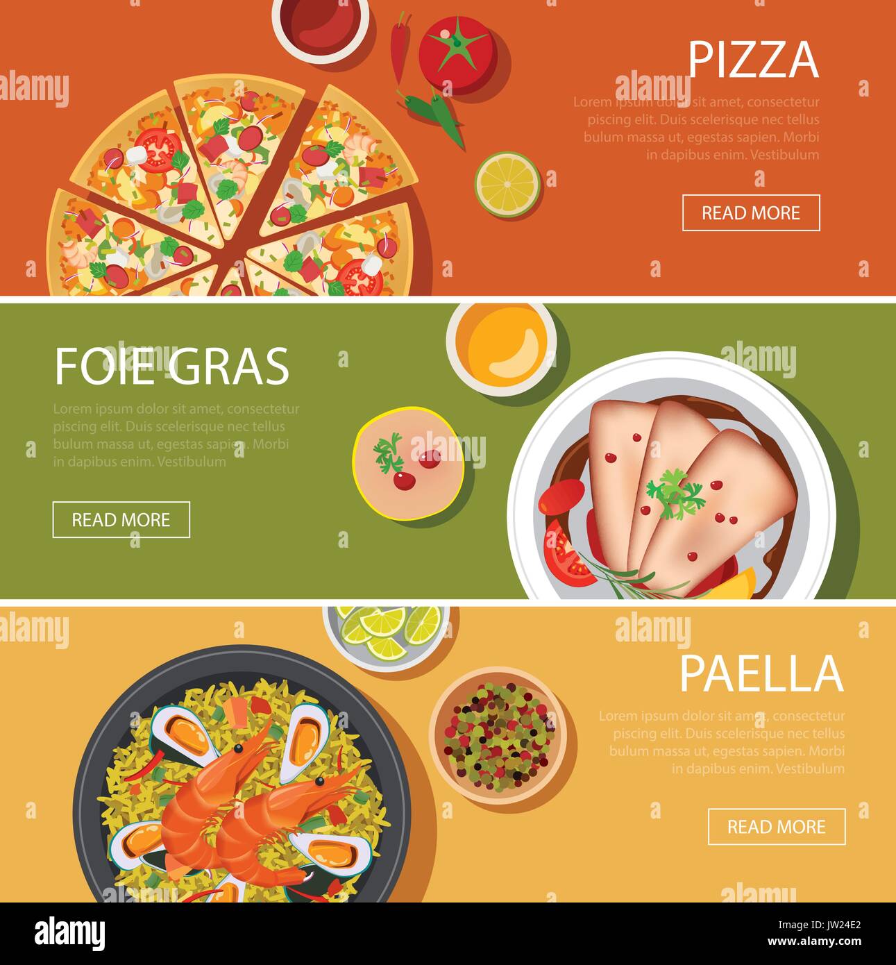 Beliebte speisen Web Banner flache Bauform, Pizza, Foie gras, Paella Stock Vektor