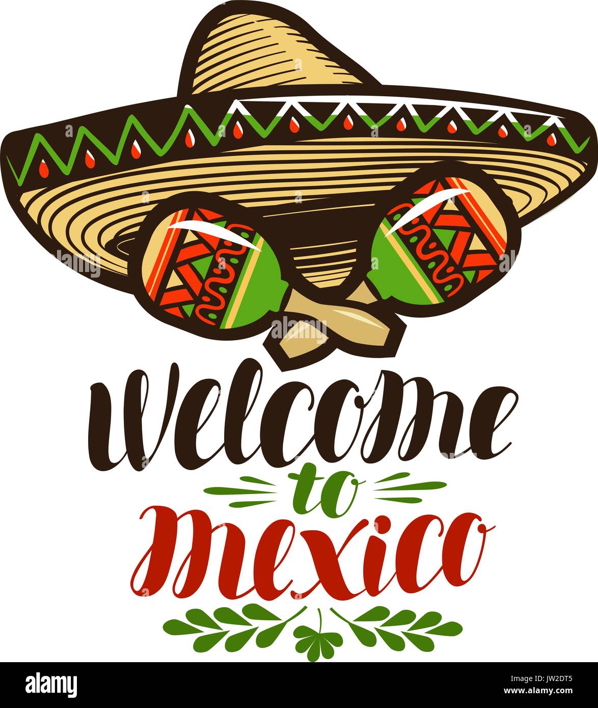 Nach Mexiko, banner Willkommen. Sombrero und Maracas Symbol. Schrift, Kalligraphie Vector Illustration Stock Vektor