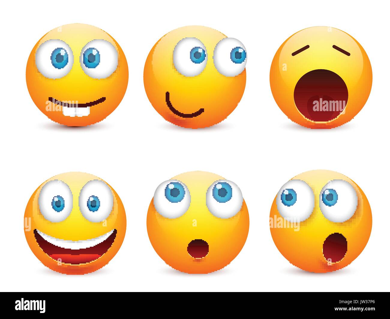 Smiley mit blauen Augen, Emoticon-Satz. Gelbes Gesicht mit Emotionen. Gesichtsausdruck. 3D realistisch Emoji. Traurig, glücklich, wütend Gesichter. Lustige Comic-Figur. Mood.Vector Abbildung. Stock Vektor