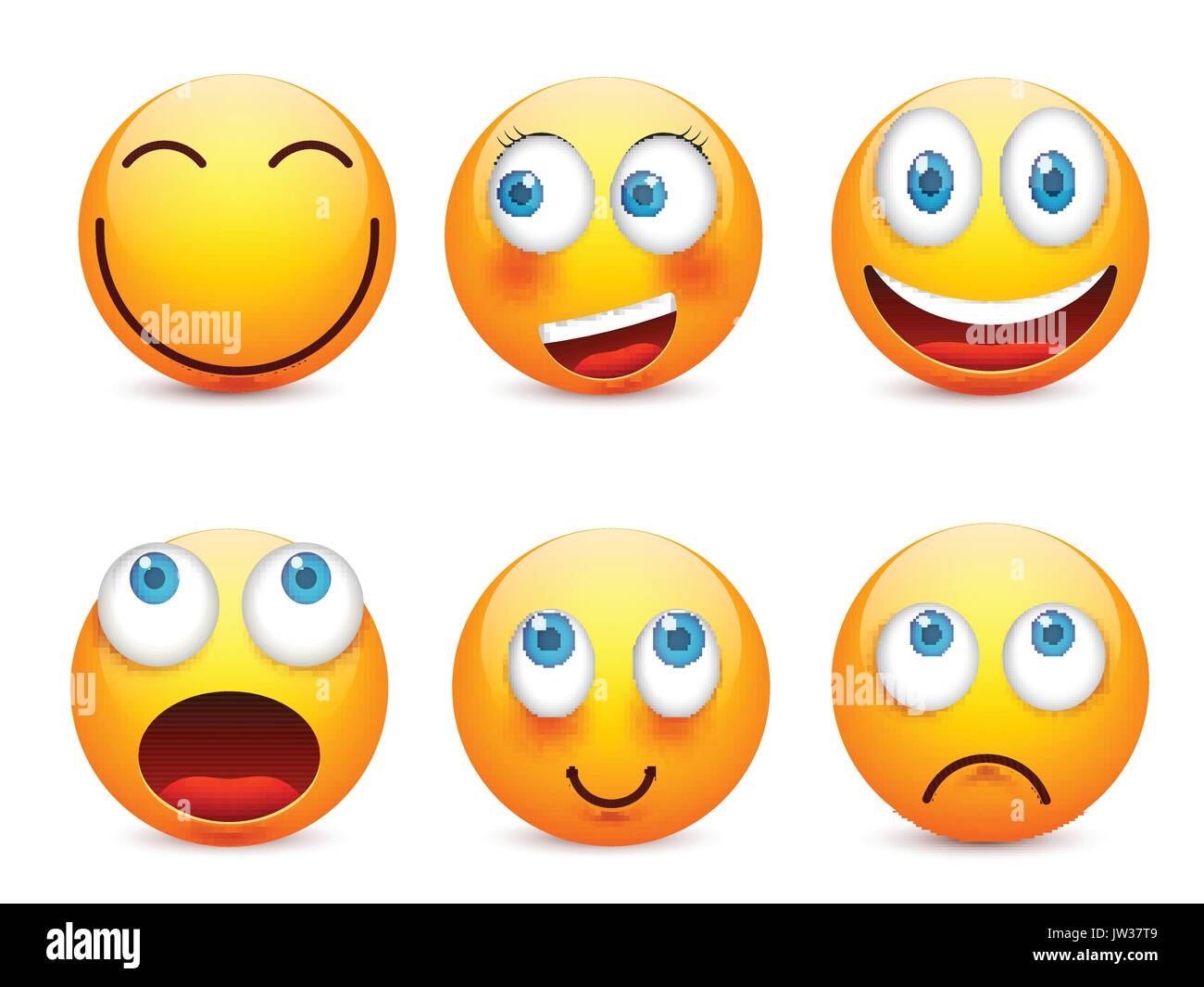 Smiley mit blauen Augen, Emoticon-Satz. Gelbes Gesicht mit Emotionen. Gesichtsausdruck. 3D realistisch Emoji. Traurig, glücklich, wütend Gesichter. Lustige Comic-Figur. Mood.Vector Abbildung. Stock Vektor