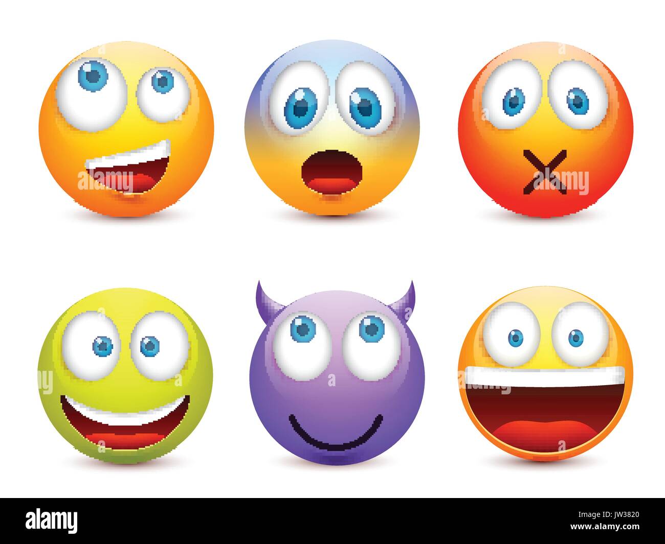 Smiley mit blauen Augen, Emoticon-Satz. Gelbes Gesicht mit Emotionen. Gesichtsausdruck. 3D realistisch Emoji. Traurig, glücklich, wütend Gesichter. Lustige Comic-Figur. Mood.Vector Abbildung. Stock Vektor