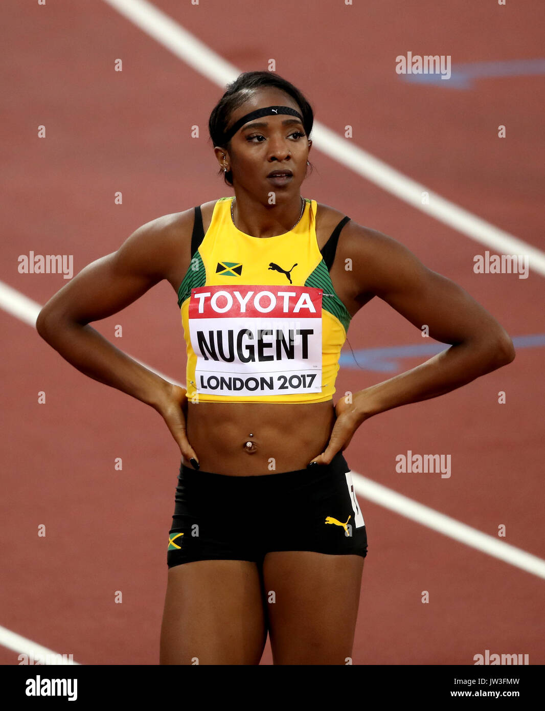 Jamaikas Leah Nugent nach den 400-m-Hürden der Frauen heizt am vierten Tag der IAAF-Weltmeisterschaft 2017 im London Stadium. DRÜCKEN SIE VERBANDSFOTO. Bilddatum: Montag, 7. August 2017. Siehe PA Story Athletics World. Das Foto sollte lauten: John Walton/PA Wire. EINSCHRÄNKUNGEN: Nur für redaktionelle Zwecke. Keine Übertragung von Ton oder bewegten Bildern und keine Videosimulation Stockfoto