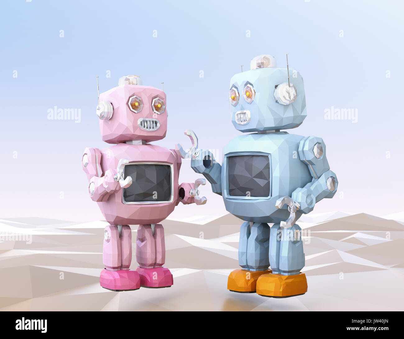 Low Poly style Roboter sind Genossen chatten Miteinander. 3D-Bild. Stockfoto