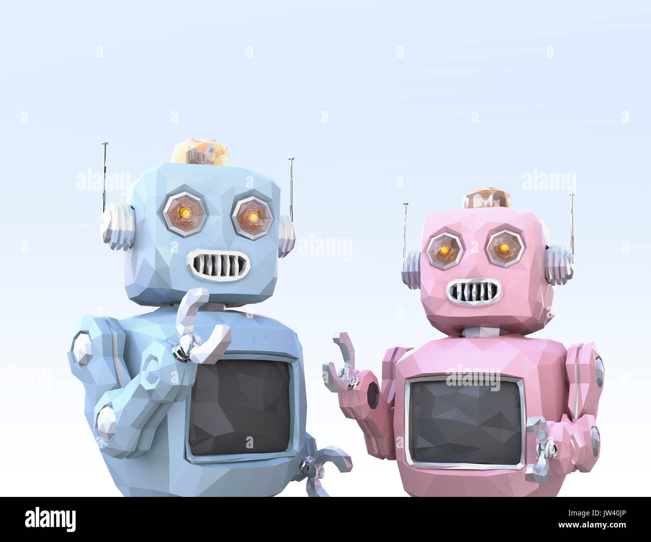 Low Poly style Roboter sind Genossen chatten Miteinander. 3D-Bild. Stockfoto
