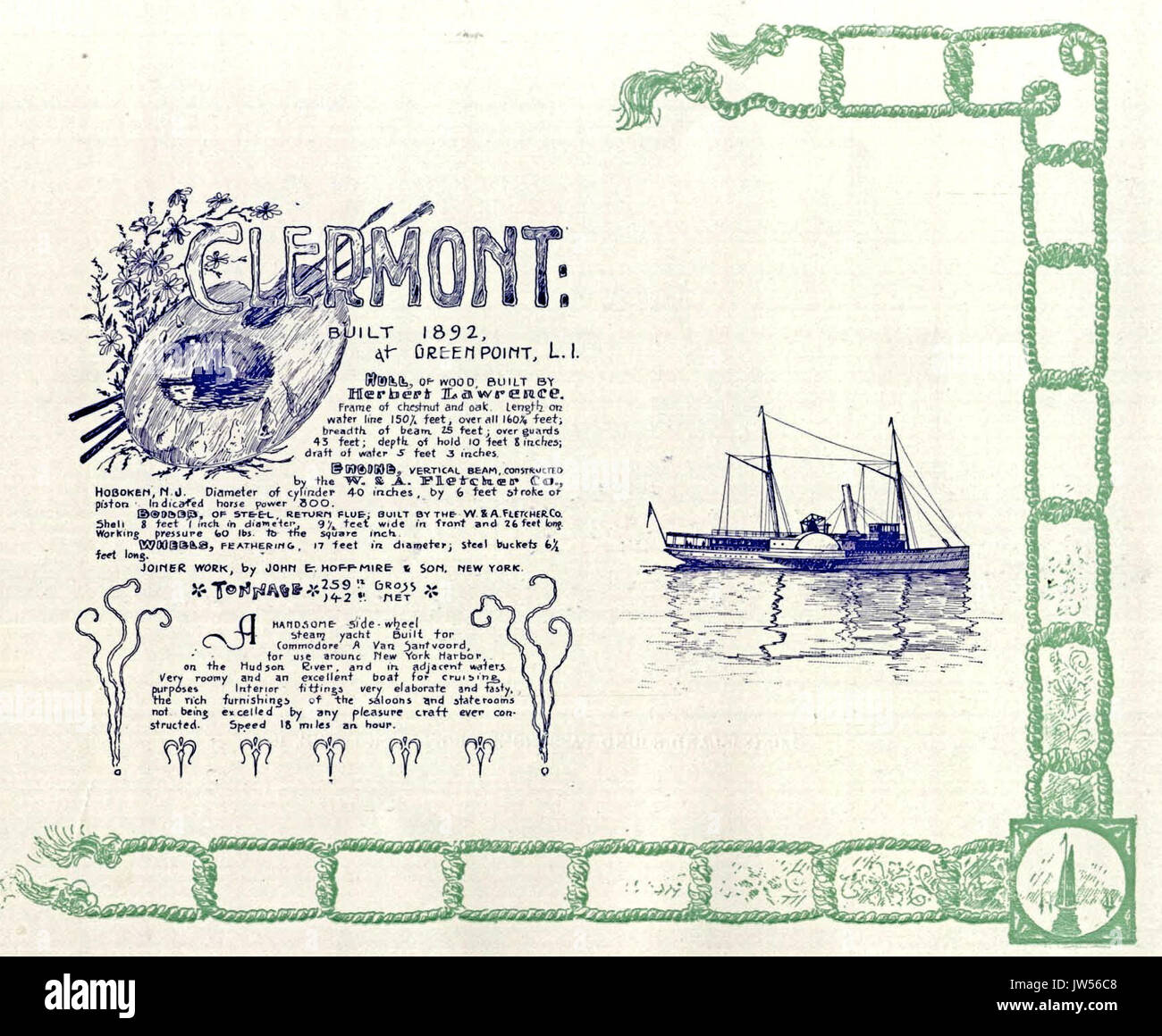 Die Clermont war eine Dampfyacht, die Anfang des 19. Jahrhunderts eine Rolle bei der Entwicklung dampfbetriebener Schiffe spielte und damit einen wichtigen Schritt in der Schifffahrt bedeutete. Stockfoto