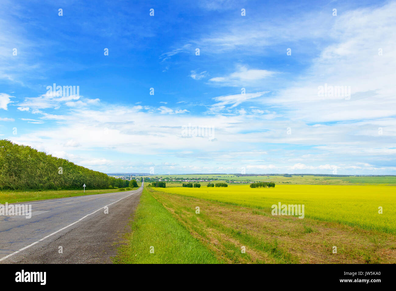 Sommer Szene: wunderschöne Landschaft mit grünen Gras, blauer Himmel und Straße Stockfoto
