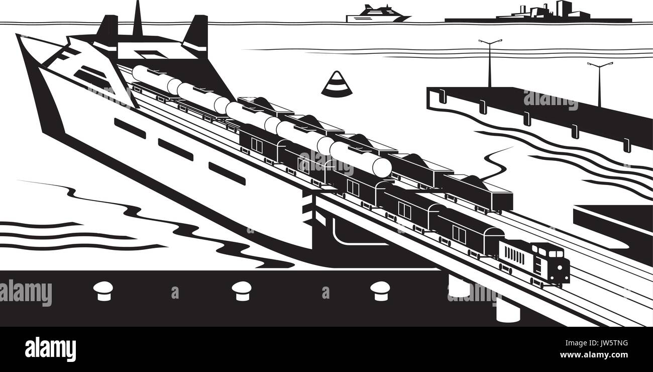 Güterwaggons sind auf der Fähre geladen - Vector Illustration Stock Vektor