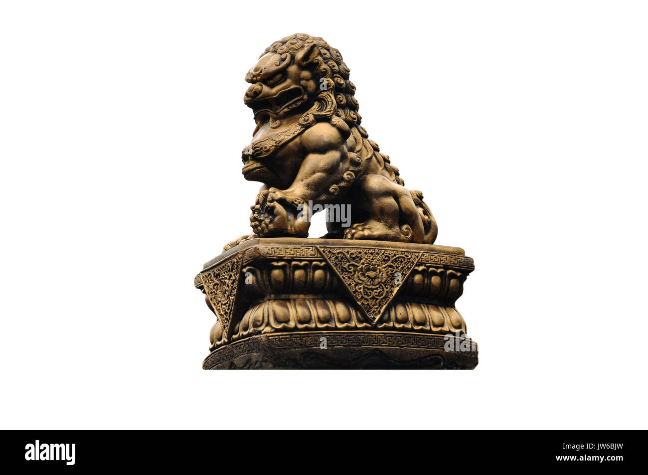 Männliche chinesische Lion statue Lauffläche auf Kugel. Aber chinesische Lion statue Lauffläche auf Kind. Stockfoto