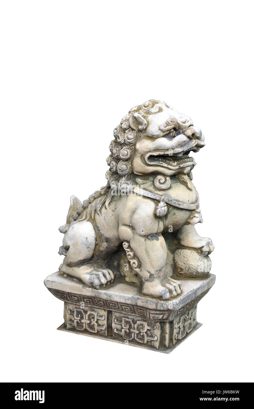 Männliche chinesische Lion statue Lauffläche auf Kugel. Aber chinesische Lion statue Lauffläche auf Kind. Stockfoto