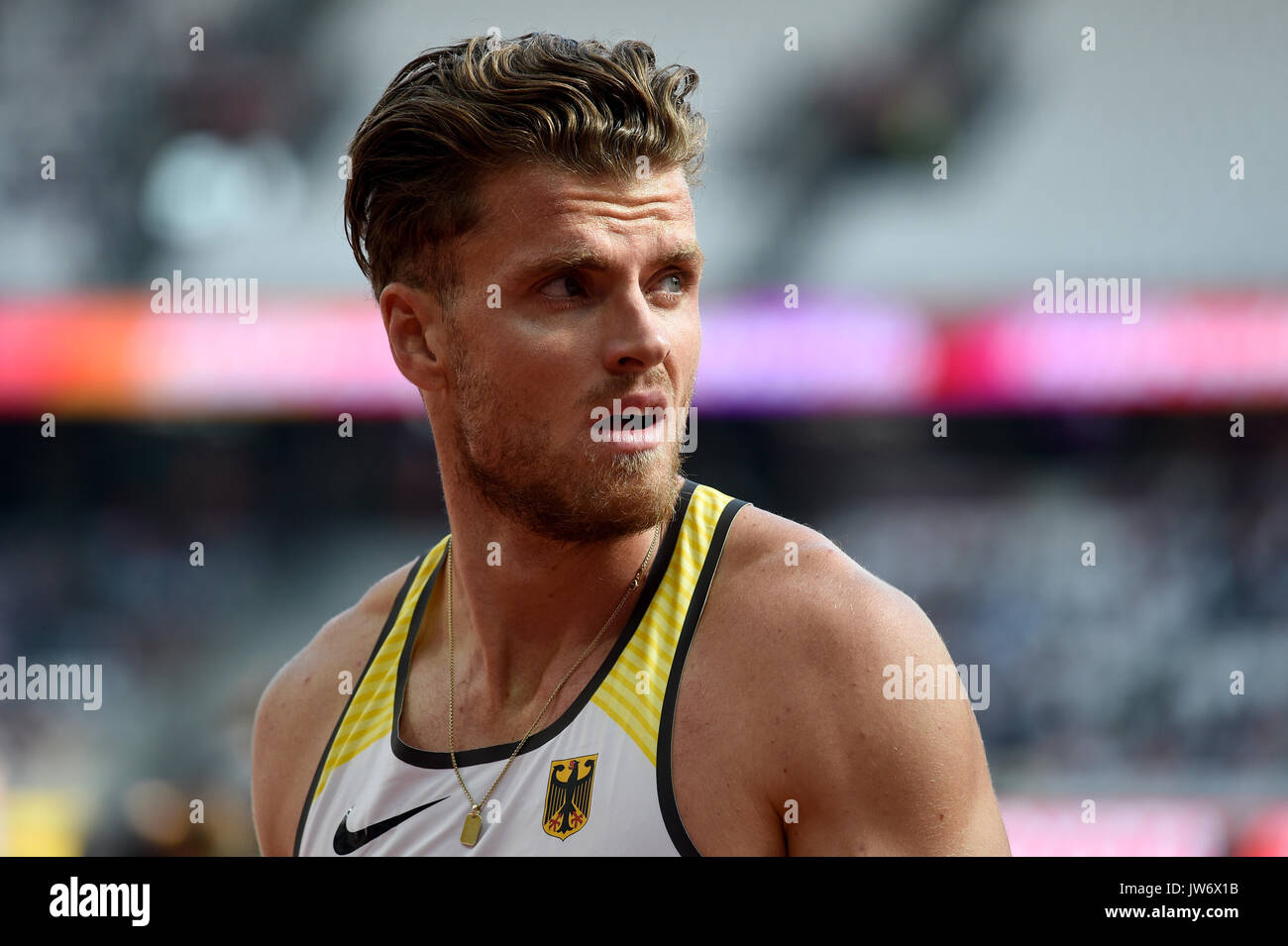 London, Großbritannien. 11 Aug, 2017. Deutsche Zehnkämpfer Rico Freimuth in Aktion an der 100m an die IAAF Weltmeisterschaften, in London, UK, 11. August 2017 laufen. Foto: Rainer Jensen/dpa/Alamy leben Nachrichten Stockfoto