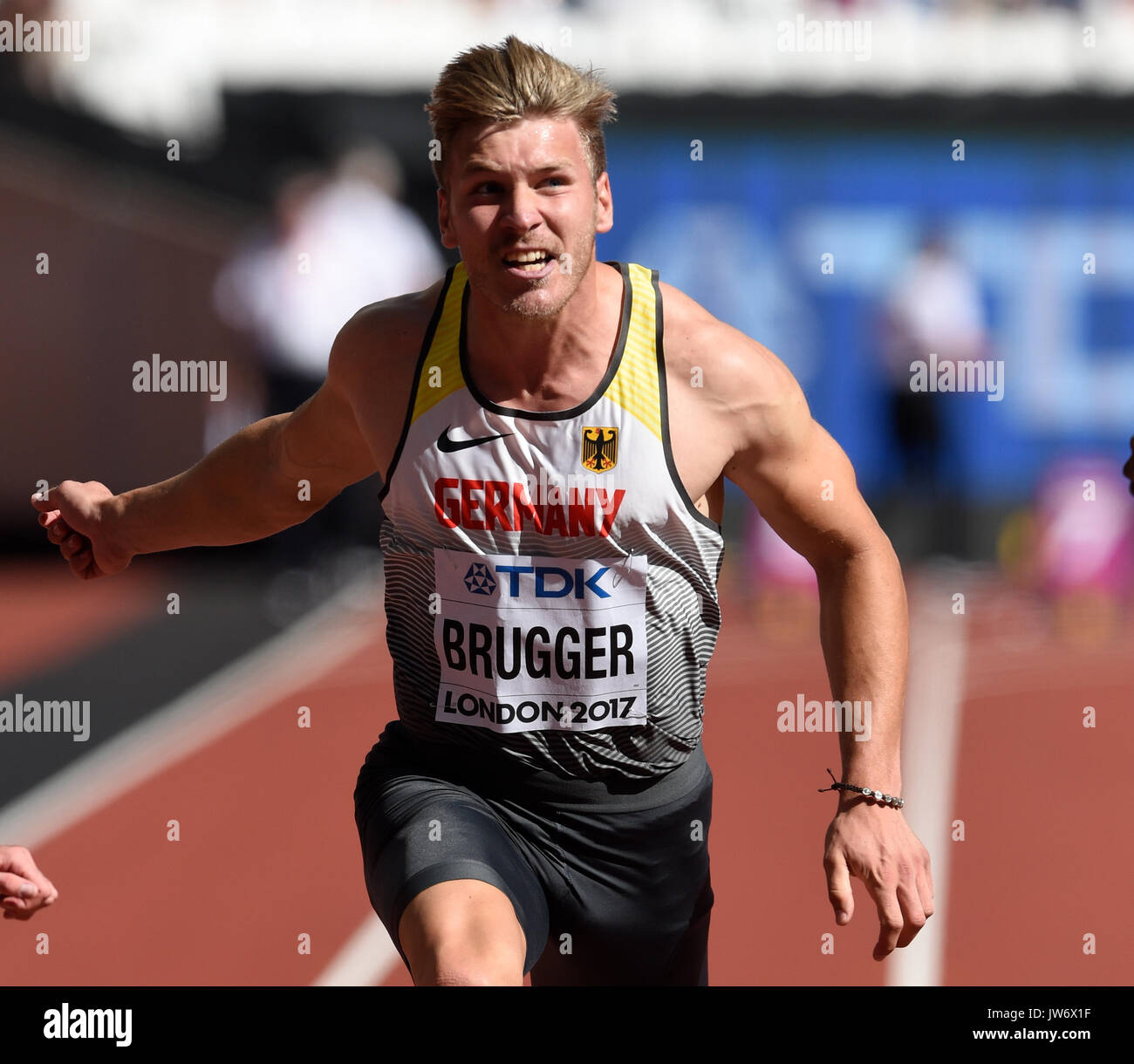 London, Großbritannien. 11 Aug, 2017. Deutsche Zehnkämpfer Mathias Brugger in Aktion an der 100m an die IAAF Weltmeisterschaften, in London, UK, 11. August 2017 laufen. Foto: Rainer Jensen/dpa/Alamy leben Nachrichten Stockfoto