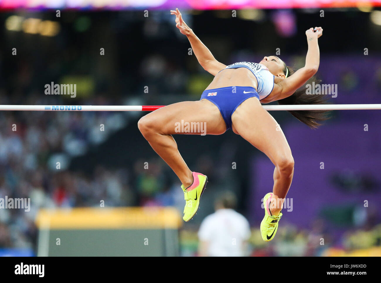 London, Großbritannien. 10 Aug, 2017. London, 10. August 2017. Katarina Johnson-Thompson, Großbritannien, im Hochsprung der Frauen qualifizieren am Tag sieben der IAAF London 2017 Weltmeisterschaften am London Stadion. Credit: Paul Davey/Alamy leben Nachrichten Stockfoto