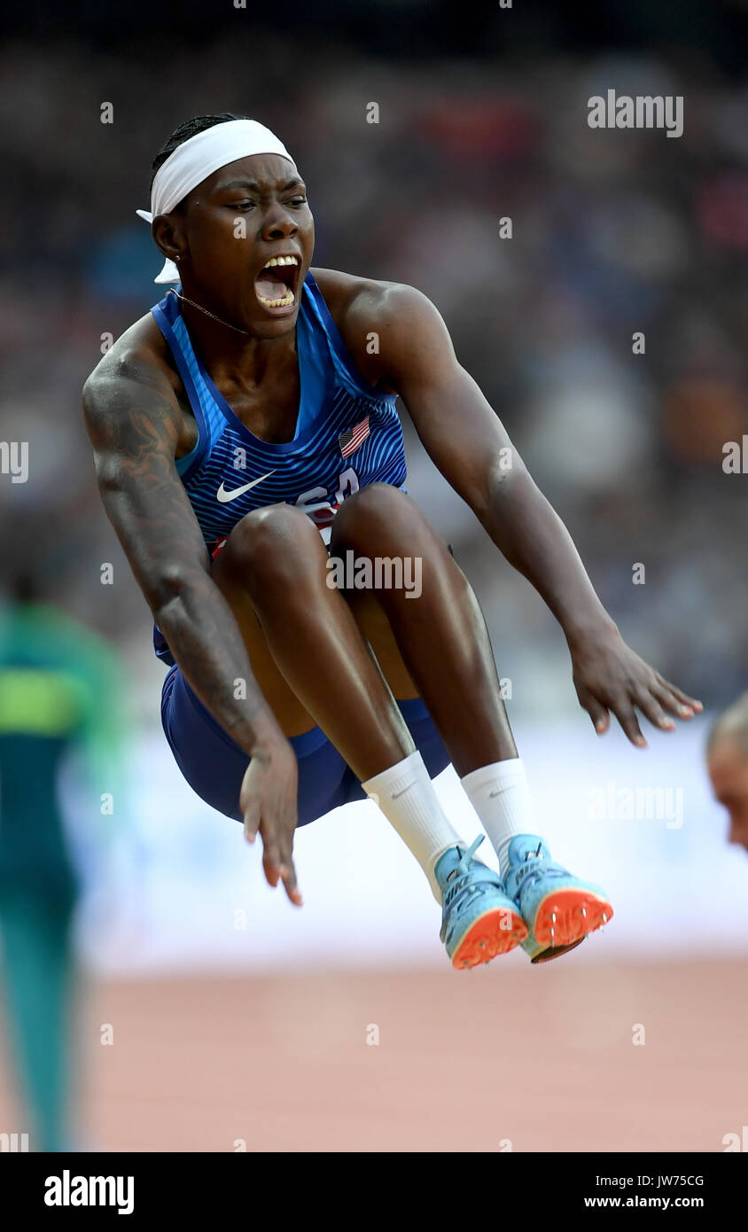 London, Großbritannien. 11 Aug, 2017. Amerikanische Brittney Reese sprang 7.02 Meter auf dem Weg zu einem langen Sprung Gold Medaille bei der Leichtathletik-WM 2017 in London und schlug Darya Klishina in Russland und in anderen amerikanischen und Olympic Champion Tianna Bartoletta Credit: Mariano Garcia/Alamy leben Nachrichten Stockfoto