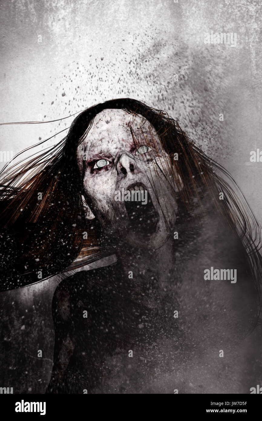 3D-Darstellung der Nahaufnahme furchtsamen Geist Frau, grauen Hintergrund gemischte Medien Stockfoto