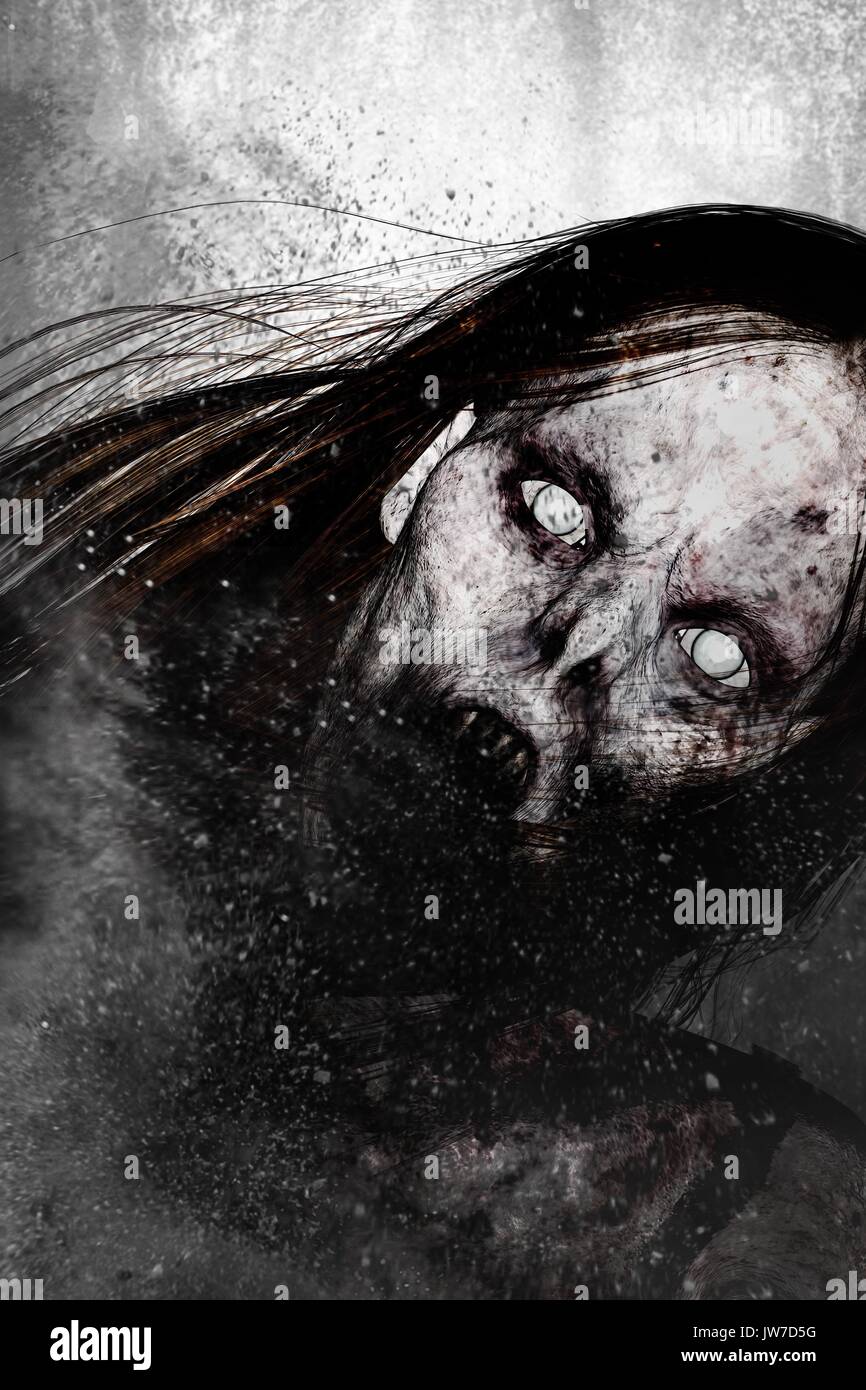 3D-Darstellung der Nahaufnahme furchtsamen Geist Frau, grauen Hintergrund gemischte Medien Stockfoto