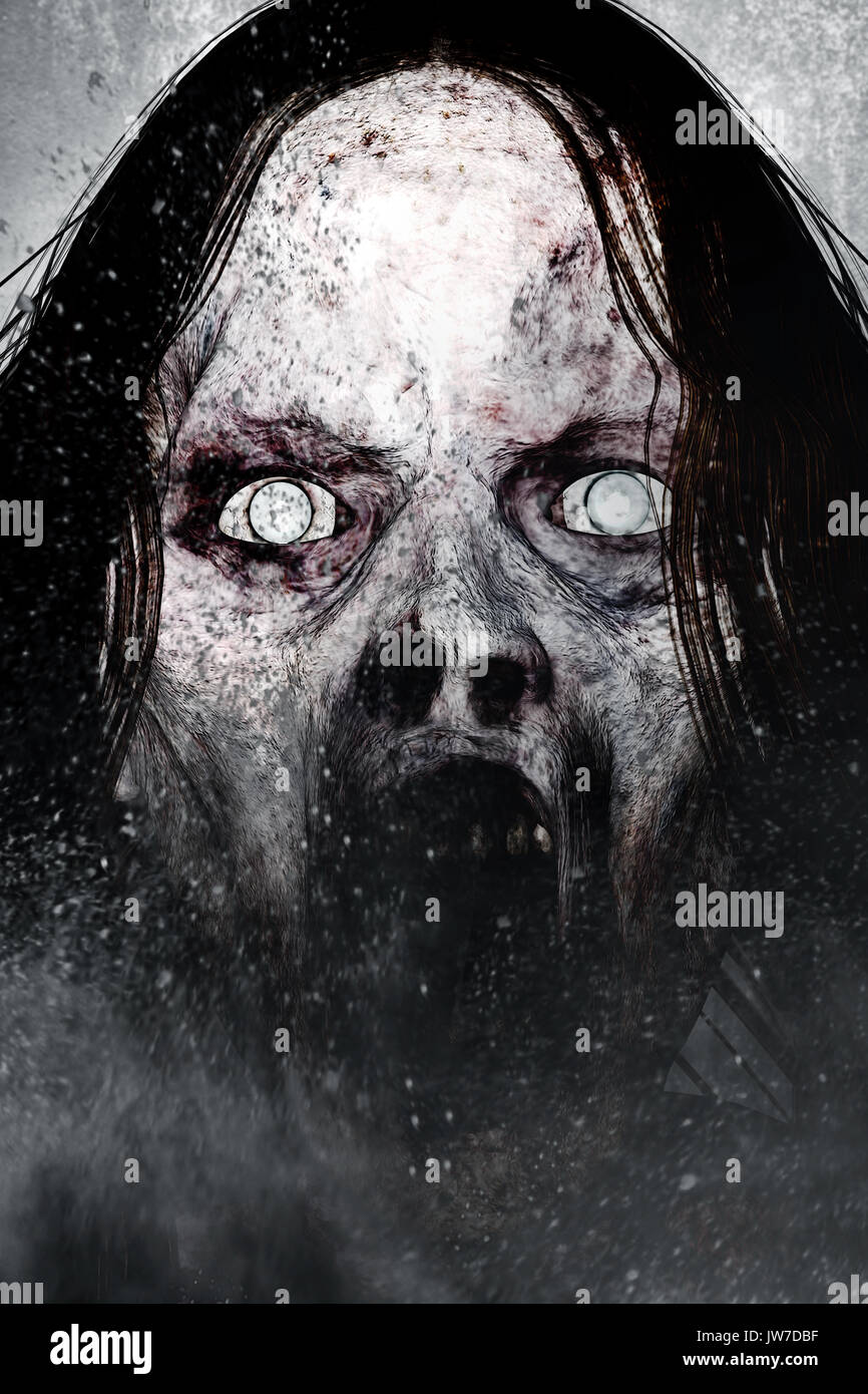 3D-Darstellung der Nahaufnahme furchtsamen Geist Frau, grauen Hintergrund gemischte Medien Stockfoto