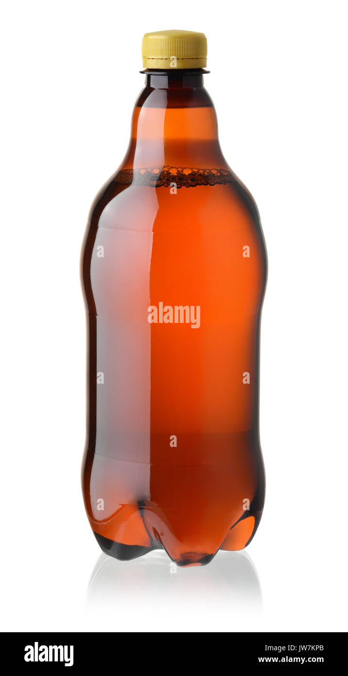 Vorderansicht aus Kunststoff Bier Flasche isoliert auf weißem Stockfoto