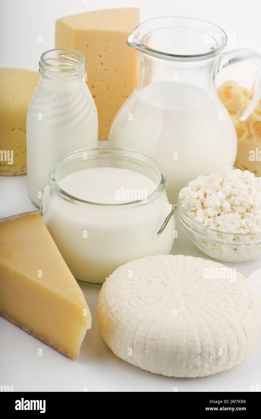Nahaufnahme von verschiedenen frischen Milchprodukten Stockfoto
